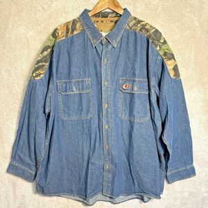 Mossy Oak Mens 3XL High Country Denim Shirt Button Down Blue Camo Long Sleeve